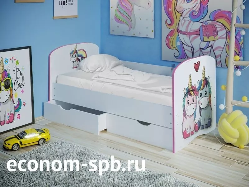 Кровать детская с ящиками «Единороги» фото